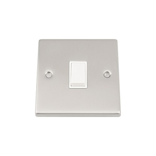 Light Switch 1 Gang - Satin Matt Chrome - Square - White Insert Plastic Switch - 10 Amp Single 1 Gang 2 Way