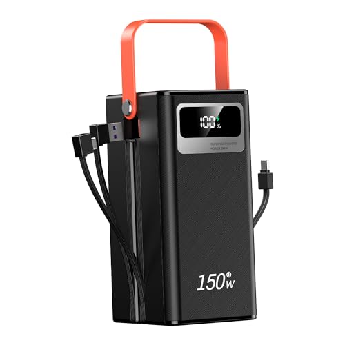 100000mAh Power Bank, 150W Fast Charging Portable Charger, with LED Light, with Built-in Cables, 4 Outputs & 3 Inputs, Rechargeable Portable Power Supply for Cell Phones, Random Color