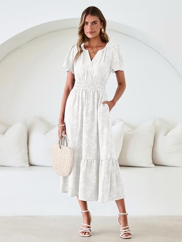 Image of Simplee Womens Summer Boho Maxi Dress Semi Formal Wedding Guest Short Sleeve V Neck Empire Waist Floral Long Dresses