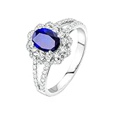 Ayoiow Anillo de boda de oro blanco de 18 quilates para mujer, diseño ovalado de 1,33 quilates, zafiro azul de 0,684 quilates, anillo de boda azul para mujer