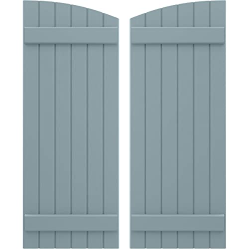 21"W x 44"H Americraft Six Board (2 Batten) Exterior Real Wood Joined Board-n-Batten Shutters w/Elliptical Top (Per Pair), Peaceful Blue