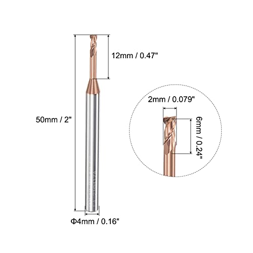 Image of uxcell Square Nose End Mill, 2mm Solid Carbide AlTiSin Coated Long Reach CNC Router Bits 2 Flutes Milling Cutter with Extended Neck, 12mm Cutting Length 4mm Shank