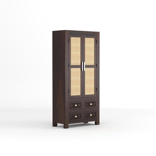 Image of PS DECOR Solid Sheesham Wood Bookshelf Cabinet with Cane Rattan Doors & 4 Drawers | Wooden Book Storage Unit for Home Library, Living Room & Office | Double Door Bookcase Organizer (Walnut Finish)