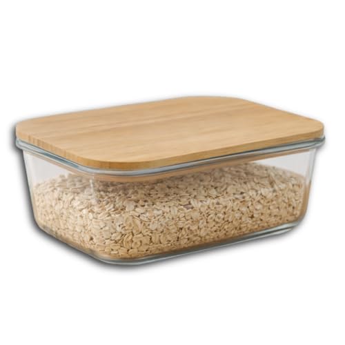 Pote de Vidro Borossilicato Retangular 1,5L com Tampa de Bambu e Vedação Silicone Hermética Travessas Refratárias com Tampa de Bambu – Organizador para Mantimentos Farinhas Temperos e Alimentos