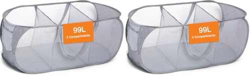 Image of Durable Collapsible Foldable Pop Up Laundry Hamper, Sturdy 3 Compartments, Handy Pocket & Easy to Sort Clothes Hampers for Dorm, Kids Room, Travel - Grey (Pack of 2)