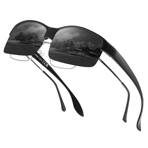 Trysee® Polarized Fit Over Glasses Sunglasses for Men Women with Semi Rimless Frame & UV Protection Lenses TS1218M