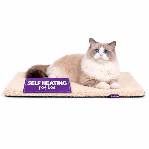 Petlicity Self Heating Cat Bed 60x45cm No Electricity Required Heated Cat Bed with Noiseless Thermal Film - Machine Washable Non-Slip Base Cat Heating Pad for Winter - Beige