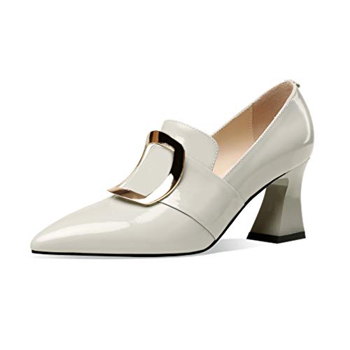 TinaCus Glossy Patent Leather Women's Handmade Pointed Toe Spool Heel Golden Square Pattern Decor Slip On Loafer Pumps