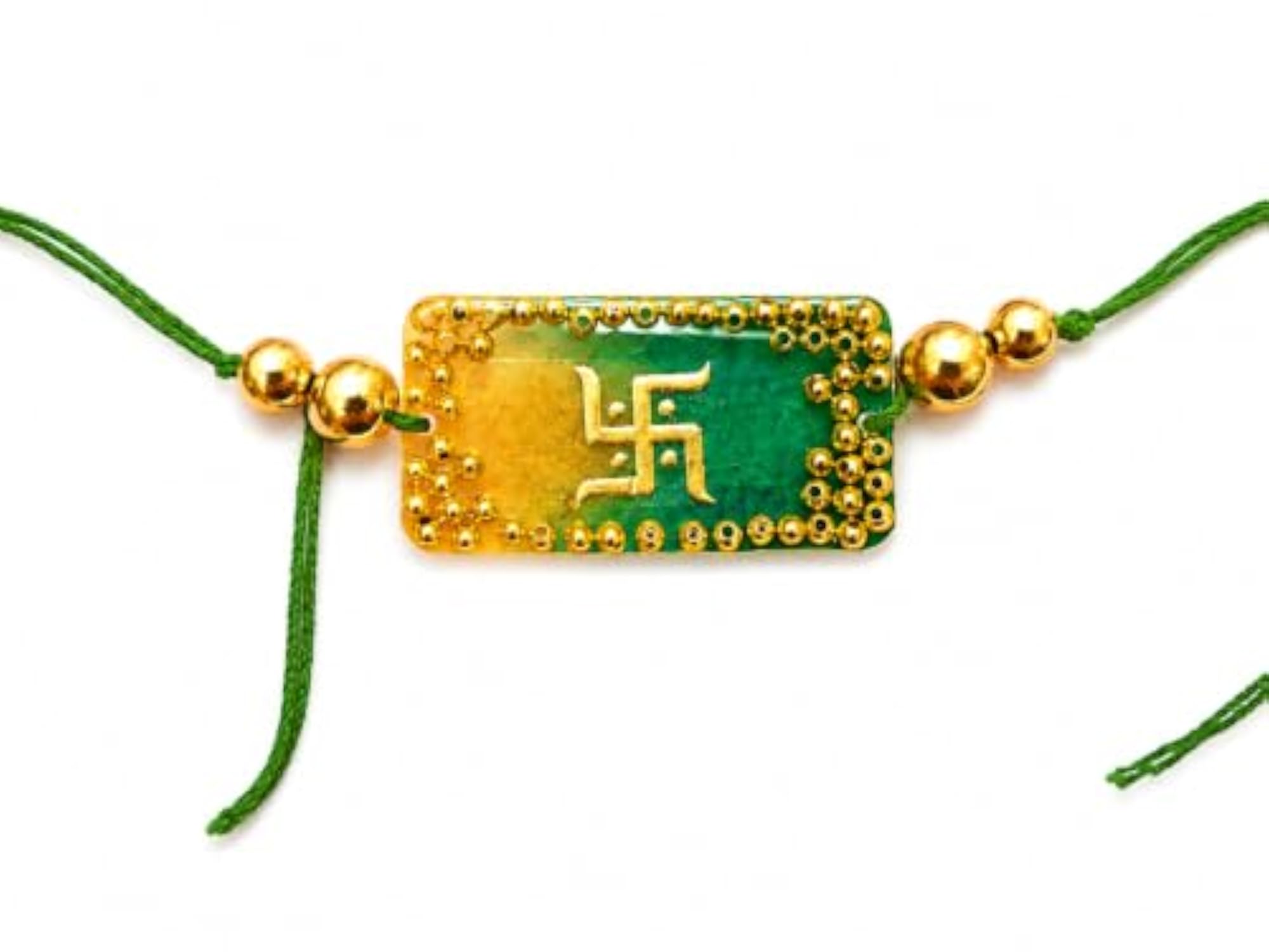 Swastik Rakhi with Green Thread and Gold Beads, Raksha Bandhan Gift