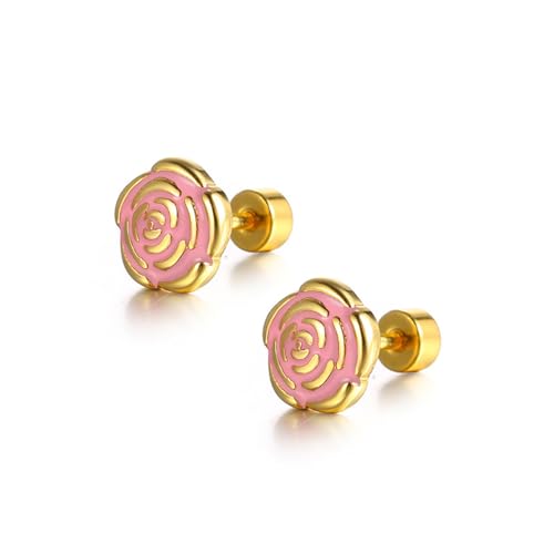 18g Titanium Flower Stud Earrings for Women Girls 14k Gold Plated Surgical Stainless Steel Hypoallergenic Cute Tiny Rose Studs Cartilage Tragus Screw Back Post Conch Piercing Sensitive Ear Jewelry for Valentine Mothers