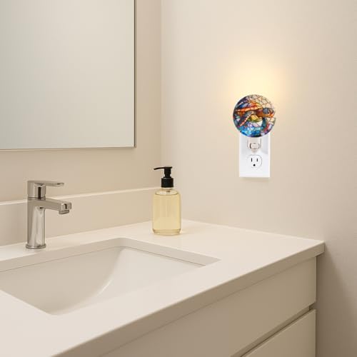 Image of Sea Turtle Stained Glass Styled Night Light - Real Glass Plug-in Wall Light with Warm Glow for Bathroom, Bedroom, or Hallway, Coastal Ocean Beach Home Decor
