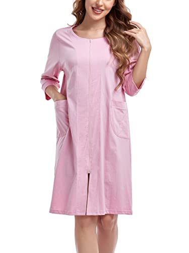 COLORFULLEAF 100% Baumwolle Bademäntel für Frauen Leichter Bademantel mit Reißverschluss Weicher Kimono Bademantel Kleid Knielang Nachthemden mit Taschen (Rosa, 2XL), Pink, XX-Large Cover