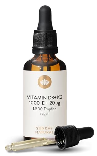 SUNDAY NATURAL® Vitamin D3 K2 Tropfen - Vegan - Premium Vitamin D 3 1.000 IE + K2-MK7 ≥99,8% all-trans 20µg - ohne unnötige Zusätze, laborgeprüft