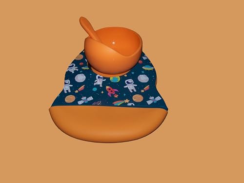 Blue Space Theme - Astronaut Pattern Bib set with Bowl & Spoon, Blue & Orange- 4 piece2