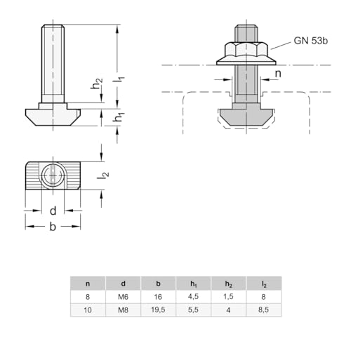 Ganter Normelemente | Hammerkopfschrauben | 5 Stück | GN 52B-10M820-SZ | Nutbreite 10mm | Gewinde M8x20 | Stahl verzinkt