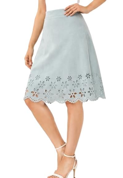 Women's A-Line Knee Length Skirt | Light Blue Faux Suede | Floral Laser Cut Hem | High Waist | Casual & Office Wear-picture-28