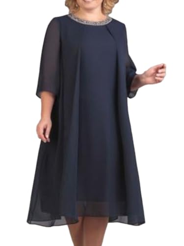shownicer Abito a Mantella in Chiffon da Donna Manica 3/4 Casual in Girocollo Taglie Forti Vestiti Elegante Allentato Abito da Cerimonia Cocktail C Blu 5XL