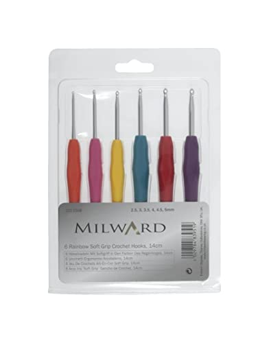 MILWARDS Ganchos de Ganchillo: Mango de Goma de Agarre Suave: Juego de 6, Aluminio, Arcoíris, 2.5,3,3.5,4,4.5,5 mm