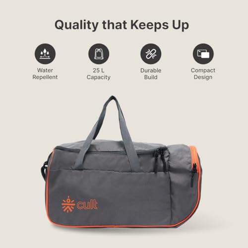 Image of Cult Unisex Foldable Duffle Bag 25L - Lightweight, Water-Repellent & Durable Gym and Travel Bag with Adjustable Shoulder Strap, Side Pocket & Strong Zippers - Grey