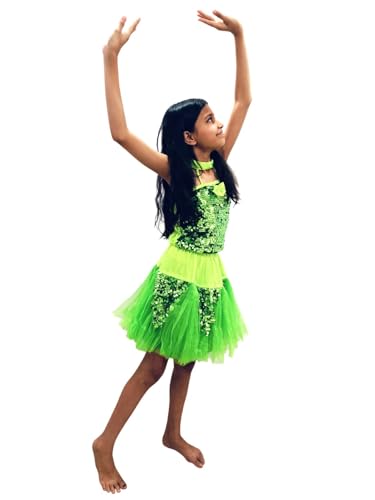 Image of BookMyCostume Light Green Annual Day Dance Dress for Girls | Sleeveless Sequin Top with Fluffy Skirt | Net & Nylon Western Dance Costume for Kids | Stylish for Stage Shows & Performances |8-10 Years