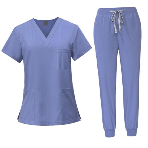 UxicRuya Conjunto de Exfoliación Femenina, Ropa de Trabajo de Enfermera, Suave, Transpirable, Traje Profesional de Top Y Pantalón para SPA, Cosmética, Azul claro, S
