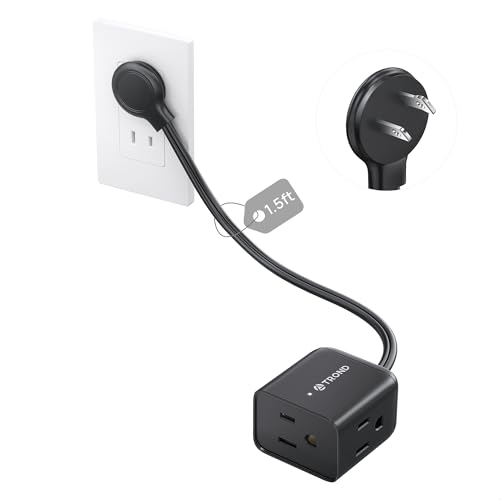 Image of TROND 2 Prong to 3 Prong Extension Cord 1.5ft, Polarized Flat Plug, 3 AC | Low Profile for Behind Furniture, 13A /1625W for Non-ground Socket in Indoor Old House Home Office Kitchen Tight Space, Black