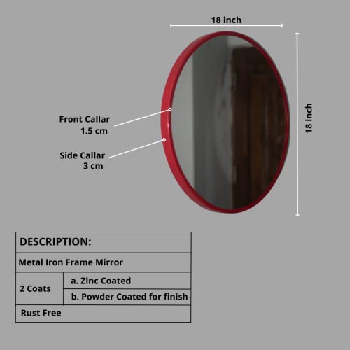 Image of Quality Glass Wall Mirror Metal Frame Round Wall Mirror For Bathroom, Living Room, Vanity Decorative Wall Mirror Wall Mounted (18X18 Inches) - Red, Framed