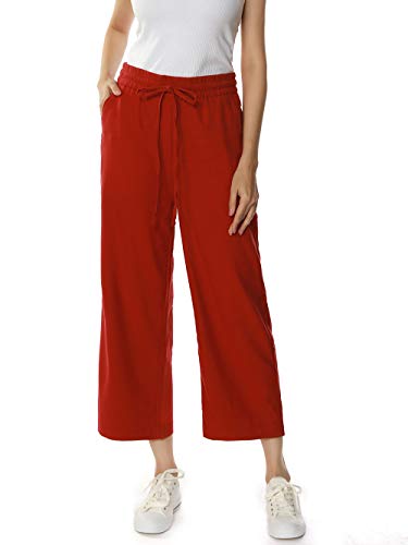 MOCOTONO Women's Linen Drawstring Elastic Waist Cropped Pants Burgundy Small