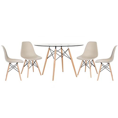 Loft7, Mesa redonda Eames com tampo de vidro 120 cm + 4 cadeiras Eiffel DSW Nude