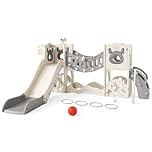 Brolteja Toddler Slide,Elk Theme Toddler Slide with Long Climbing Bridge Corridor,Golf Set,basketball Hoop, Climbing Frames,Baby Slide for Toddlers 1-3 Years Old,In&Outdoor Use (Beige Grey-7 in 1)