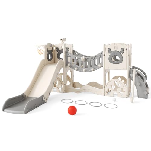 Brolteja Toddler Slide,Elk Theme Toddler Slide with Long Climbing Bridge Corridor,Golf Set,basketball Hoop, Climbing Frames,Baby Slide for Toddlers 1-3 Years Old,In&Outdoor Use (Beige Grey-7 in 1)