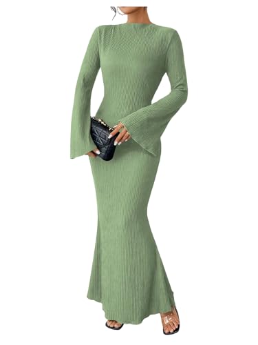 Image of GORGLITTER Women's Bell Long Sleeve Cocktail Maxi Dress Crew Neck Bodycon Fishtail Casual Long Dresses