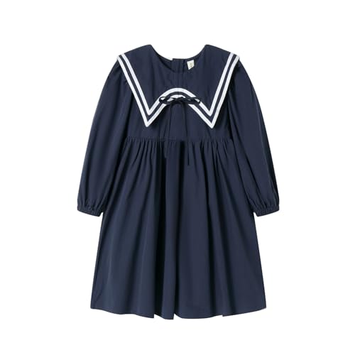 Mud Kingdom Girls Sailor Collar Dress Nautical Long Sleeve Cotton Ribbon Soft Spring Fall