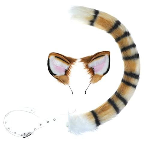 Plush Simulation Tiger Ears Hair Hoop + Tail Set Cosplay Props Headdress Headband Gift for Halloween Christmas Party Cover