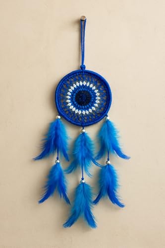 Image of Handmade Evil Eye Dream Catcher for Car & Home Decor - Blue Feather Hanging Ornament for Protection, Positive Vibes & Interior Decoration