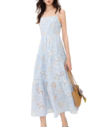 Women's Summer Lace Cut-Out Embroidery Strap Tiered Skirt Mid-Length Outfit