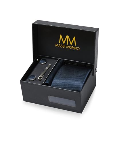 Massi Morino Cravatta Blu scuro e fazzoletto da uomo con camicia gemelli, parure fermacravatta set | Accessori sposa | Cravatte Elegante Confezione Regalo