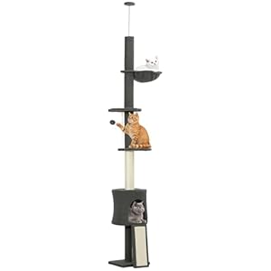 PawHut Kratzbaum Deckenhoch höhenverstellbar 200-240 cm Katzenbaum mit Hängematte, Höhle, Kratzstamm, Rampe und Sitzstangen Katzenkratzbaum für Katzen bis 5 kg Dunkelgrau