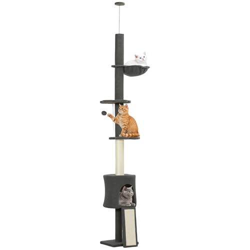 PawHut Albero per Gatti a Soffitto 5 in 1 Alto 220-240 cm, Torre per Gatti con Amaca, Casetta, Piattaforme a Fiore e Pali in Sisal, per Gatti fino 5 kg e Gattini, Grigio Scuro