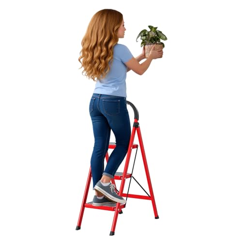 Marchepied à 3 marches pliable avec poignée pour la maison, le camping-car et l'extérieur, tabourets de cuisine pliables de 150 kg avec pédales antidérapantes (rouge)