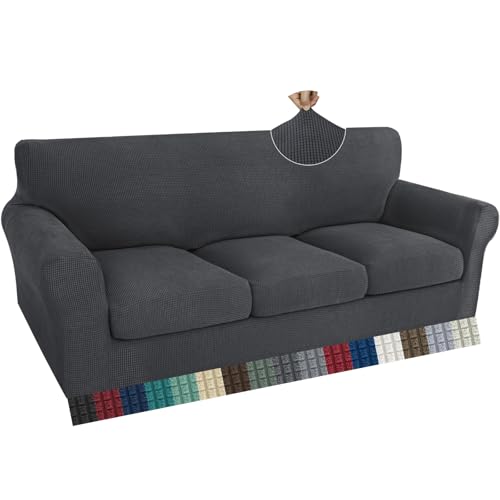 ZNSAYOTX 4 Piece Sofa Covers for 3 Cushion Couch, Super Soft Couch Slipcovers with Seat Cushion Cover Thick Durable, Spandex Blend High Stretch & Bottom Ties Furniture Sofa, Dark Grey