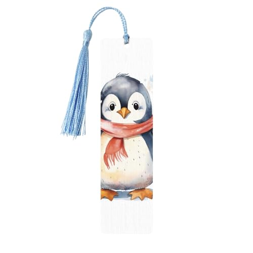 かわいい漫画ペンギンの木製ブックマーク DIY 木製クラフトブックマーク 木製ハンギングタグ カラフルなタッセル付き 木製ギフトタグ ラベル 本好きの方への珍しいギフト 男性 女性