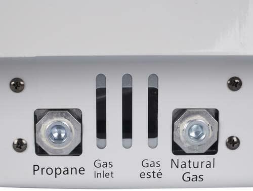 Close-up view of the gas inlet connections on the UTY heater, labeled 'Propane' and 'Natural Gas'.