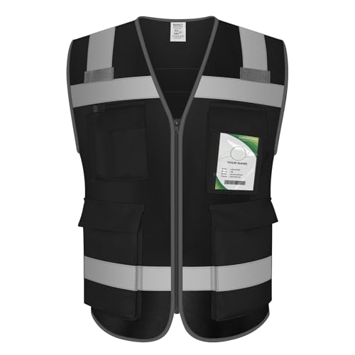 TCCFCCT Hi Vis 5 Pocket High Visibility Safety Work Vest for Men Women, Reflective Construction Vest with High Reflective Strips, Durable and Fashion, Meets ANSI/ISEA Standards, Black, M