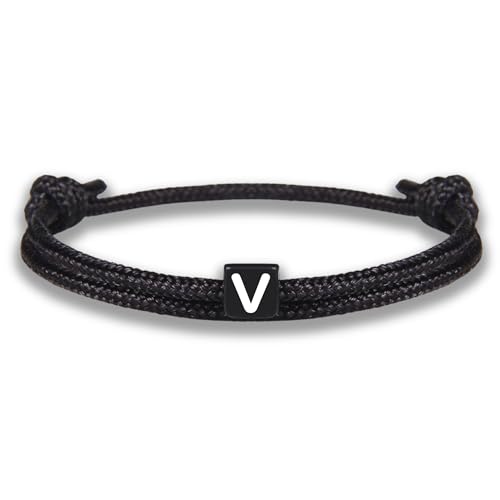 GD GOOD.designs Pulsera de cuerda con letras | Pulsera de la amistad negra ajustable con tamaño 14cm - 24cm | Inicial V