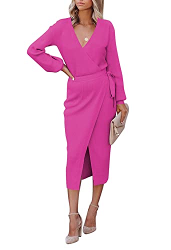 Meenew Damen Wrap V Ausschnitt Pullover Kleid Krawatte Taille Bodycon Strick Midikleid, rosarot, Groß Cover