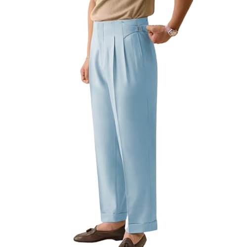 JinXuanYa Men's Summer Dress Pants Straight Casual Slacks with Paris Button, Fit Pleated Trousers High-Waisted Naples Style