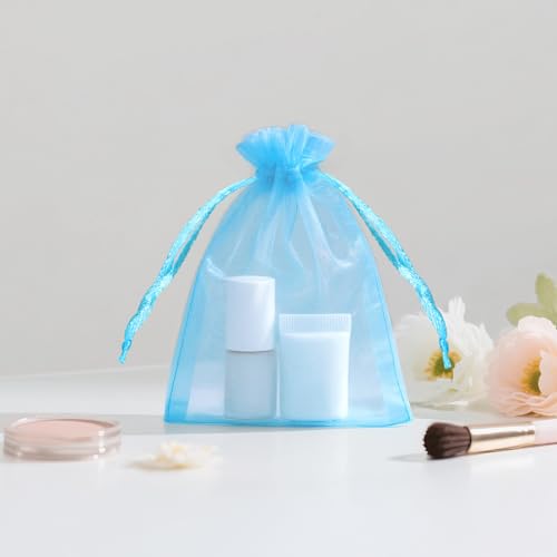 Image of joycraft 50Pcs Lake Blue Organza Bags - 2.7x3.5 In Sheer Drawstring Mesh Pouch, Small Party Favor Organza Pouch for Jewelry, Candy, DIY Craft, Chocolate