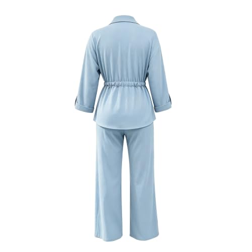 TRCELECTROP Fall Two Piece Sets for Women Dressy Tie Waist Lapel Button Down Shirts Wide Leg Pants Casual Travel Outfits - image 4