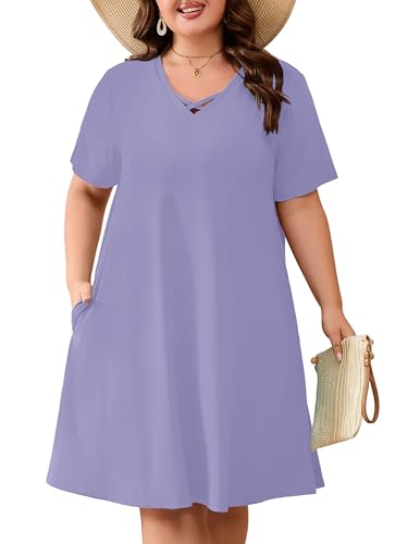 Image of AusLook Plus Size Midi Dress for Women Short Sleeve V Neck Criss Cross A Line Summer Casual Vacation Sundresses with Pockets
